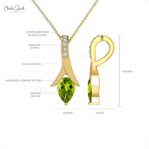 Collier de mariage élégant en or massif 14 carats avec pendentif à double pierre de naissance en forme de poire de 6x4 mm en péridot et diamant délicat, vente en gros - Product Image 4