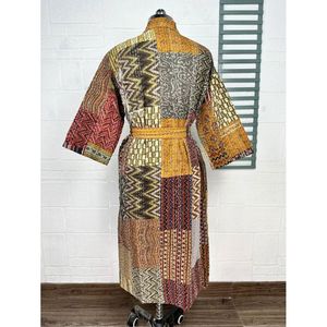 <b>Kantha</b> Pure Cotton Reversible Short Kimono Women's Beige Brown Patchwork <b>Jacket</b> Swimsuit Cover Ups - Product Image 6