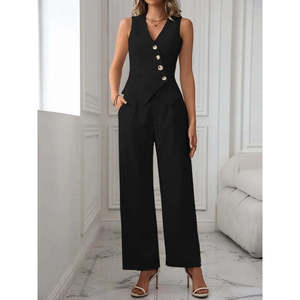 Conjunto de Dos Piezas para Mujer de Jane: Chaleco de Satén sin Mangas con Cuello en V Cruzado y Botones Delanteros y Pantalones Ajustados para Ocasiones Elegantes - Product Image 2