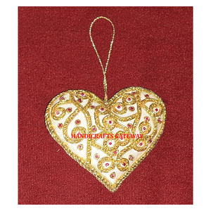 Lujoso diseño único hecho a mano de alta calidad Zari bordado Color amarillo forma de corazón árbol de Navidad adornos colgantes - Product Image 1