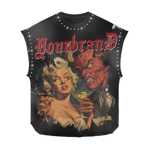 Camiseta 100% algodón para hombre, corte holgado, estampada, 260 GSM, algodón Terry, gráfico vintage, sin mangas, impresión DTG personalizada, color negro. - Product Image 1