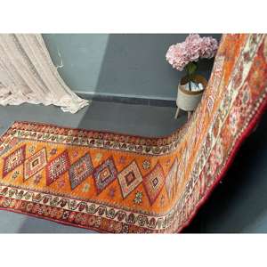 Vintage Turkish <b>Runner</b> Rug 2.9x11.5 ft, <b>Red</b> Orange Ikat Wool Rug - Product Image 3