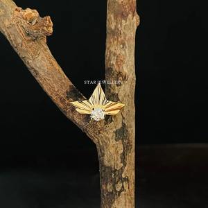 14K Solid Gold Natural Diamond Half Lotus Stud <b>Earring</b> Fine Jewelry. - Product Image 3