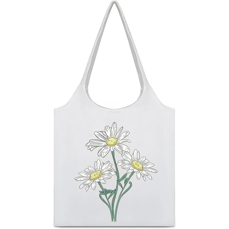 100% Eco-Friendly Cotton Vest Shopping Bag Korea Style Flower Plant Printing Canvas Tote Bag For College