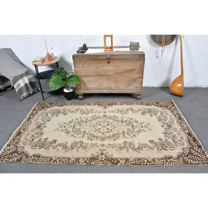 พรมขนสัตว์สีน้ำตาลเบจ7ft วินเทจ3.9ชิ้นงานแฮนด์เมดสไตล์คลาสสิกตุรกีมีดีไซน์เย็บปะติดปะต่อกันด้านหลังทำจากยางสำหรับใช้ข้างเตียง - Product Image 1