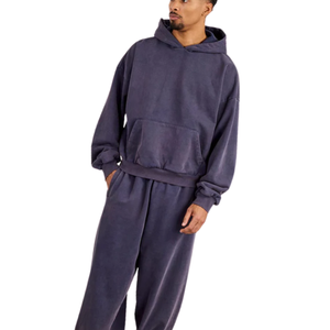 Purple <b>Grey</b> Acid Washed Hoodie Tracksuit <b>Men</b> Oversized Fleece Pullover <b>Sweatshirt</b> Jogger Pants Set Minimal Streetwear Winter - Product Image 2