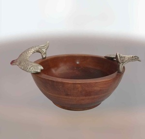 Acacia <b>Wooden</b> <b>Bowl</b> High Quality Dinnerware Solid Wood <b>Bowl</b> with Aluminum Stem Handle <b>Wooden</b> <b>Salad</b> <b>Bowl</b> - Product Image 2