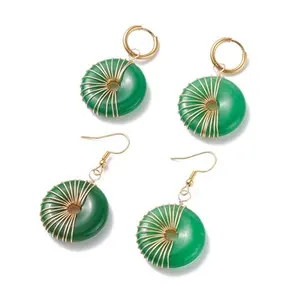 Donut Natural Malaysia Jade Dangle Hoop Earrings Wire Wrap Stone Drop Earrings for Women Golden gift