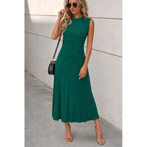 Women's Sleeveless Crew Neck Long <b>Viscose</b> <b>Dress</b> with Front Ribbing, 35907 - Green - Product Image 2