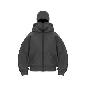 Sweats à capuche pour hommes 100% coton poids lourd surdimensionné Double fermeture éclair épaule tombante sweats à capuche d'hiver - Product Image 3