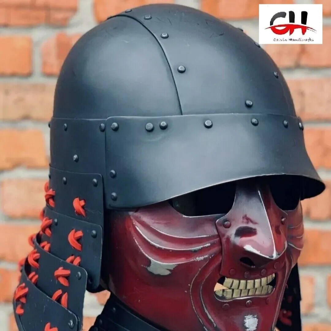 Pase el cursor para hacer zoom Samurai Armor Helmet Casco de guerrero de acero hecho a mano con casco Chapado en superficie.