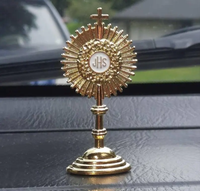 Reliquaire en laiton avec finition polie brillante, forme ronde, base ronde, meilleur design avec panneaux en verre, haute qualité pour l'affichage