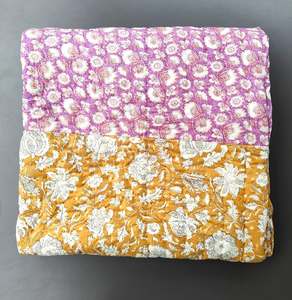 Queen Size Hand Block Print Razai <b>Quilt</b> Reversible Floral Organic Cotton - Product Image 6