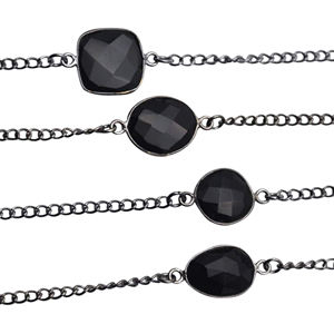 Chaînes en argent sterling 925 plaqué rhodium noir, pierres précieuses onyx noir de formes variées serties clos, connecteurs, composants de bijoux - Product Image 1