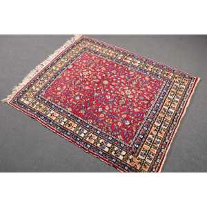 Turkish Vintage Rug, 3.5x4.2 ft Rug, <b>Red</b> Blue Moroccan <b>Wool</b> Rug - Product Image 1
