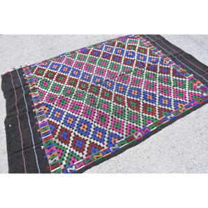Alfombra Kilim Vintage de 4.9x7.6 pies, Alfombra Turca Marroquí Azul con Parches, Lana Ecológica con Respaldo de Látex - Product Image 2