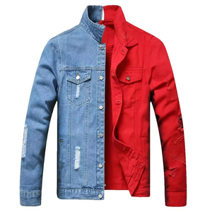 Chemise en jean pour homme à blocs de couleur, col montant, manches longues, décontractée, déchirée et vieillie, rouge et bleue, en sergé tissé, coupe droite - Product Image 1
