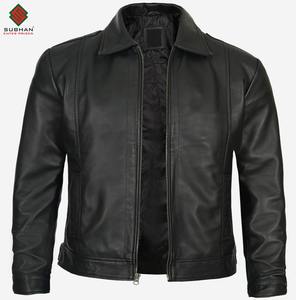 Blouson aviateur en cuir noir uni pour homme, style décontracté d'hiver, col mandarin et service OEM - Product Image 1