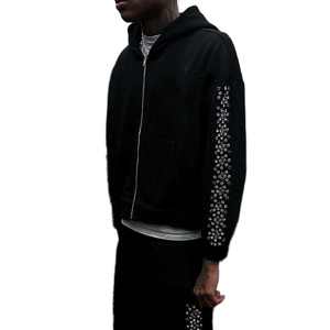 Sweat à capuche zippé en coton épais de haute qualité avec strass, logo personnalisé, streetwear pour hommes, sweat à capuche zippé surdimensionné et court - Product Image 5