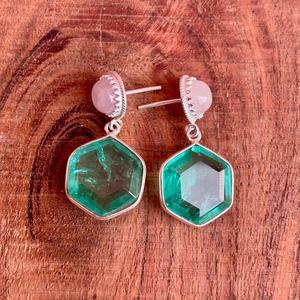Handmade Green <b>Emerald</b> and Rose Quartz <b>Earrings</b> 925 Sterling Silver Hexagon Cut Dangle Jewelry for Women - Product Image 4