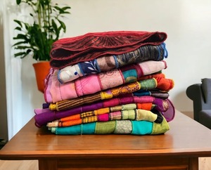 Vintage Assorted Indian <b>Silk</b> Sari Neck Scarves 10 Panel Reversible <b>Shawl</b> with Colorful Stripes Luxury Wool Patches Scarf Women - Product Image 2