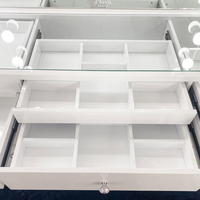 Coiffeuse en bois avec panneau LED blanc, 9 tiroirs, grand miroir de maquillage style marquee avec éclairage et plateau en verre trempé