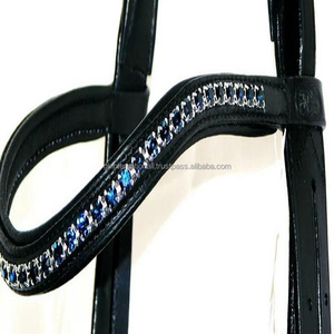 Bandeau de tête pour cheval en cuir épais avec rembourrage doux en cuir de vache, cousu et décoré de cristaux de 6 mm, bleu marine foncé, bandeau de tête brillant - Product Image 2