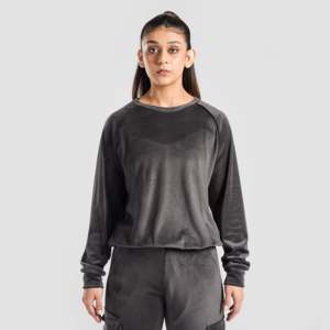 Women's High Quality <b>Velour</b> <b>Sweatshirt</b> in Grey Hooded Zipper Streetwear Style Long Length Hip Hop Embroidered Design Regular Fit - Product Image 1