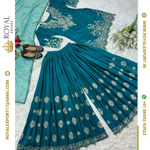 Présentation du nouveau costume long pakistanais de créateur Collection Sharara et Dupptta au tarif de gros par Royal Export Surat - Product Image 6