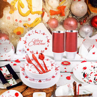 Ensemble de 175 assiettes en plastique jetables de Noël rouge et blanc Liacere, comprenant 25 couteaux à dessert, 25 cuillères, 25 gobelets et 25 serviettes.
