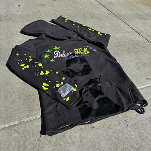 Sudadera con Capucha de Alta Calidad para Hombre, Negra, con Borde Deshilachado, Estampado Personalizado, 500 g/m², Mezcla de Algodón Básico, Sudaderas con Capucha para Hombre - Product Image 3