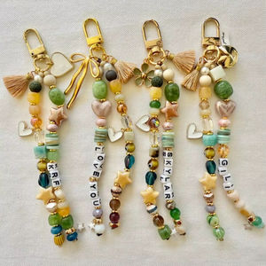 Portachiavi Artigianale con Nome Celeste, Ciondolo per Borsa Nero e Oro con Perline, Portachiavi Personalizzato con Nappa e Ciondoli Luna <span class=keywords><strong>Stella</strong></span>, Regalo Personalizzato - Product Image 1