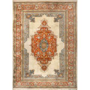 Alfombra de Lana Anudada a Mano Aalam, Diseño de Medallón Rojo Naranja, Kilim para el Hogar-Pae-5400, Rectangular 9x12, Abstracta, Hecha a Mano, para Entrada de Adolescentes - Product Image 1