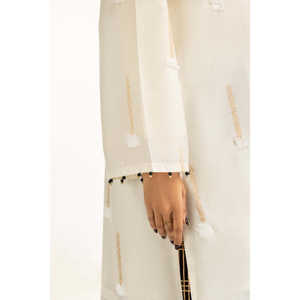 Ensemble de costume 3 pièces en jacquard brodé blanc cassé pour femmes - Product Image 3