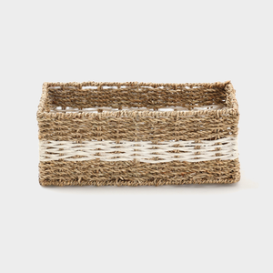 Bandeja de Almacenamiento Rectangular Tejida a Mano de Pasto Marino con Banda de Contraste Blanca y Asas Recortadas para el Hogar y la Oficina - Product Image 3