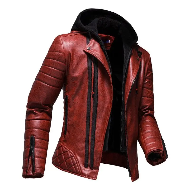 Leather Jacket Men's Fall/winter Detachable Hat PU Jacket Casual Men's Wine Red High-quality Motorcycle Coat Faux Leather Jacket