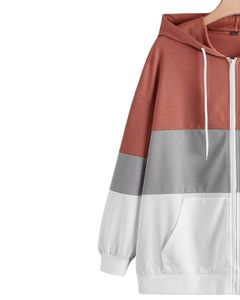 Brown <b>Grey</b> White Colorblock Zip Up <b>Hoodie</b> With Front Pockets Casual Unisex Soft Warm Fleece Streetwear Fashion Jacket - Product Image 2