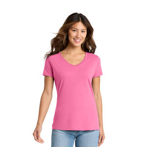 เสื้อยืดคอวีสีชมพูสำหรับผู้หญิง ทรงคลาสสิก เนื้อผ้าฝ้ายนุ่ม ระบายอากาศได้ดี รับผลิตเสื้อยืดแบบ OEM/ODM - Product Image 1