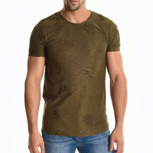 T-shirt en coton uni pour homme, coupe décontractée, col rond, effet usé, pour les activités décontractées, en plein air, au quotidien, en ville, en été - Product Image 1