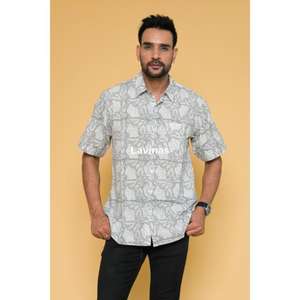 Chemise grise pour hommes, chemises en coton décentes à imprimé floral pour hommes, chemise pour hommes à manches courtes en coton imprimé à la main, chemises décontractées - Product Image 2