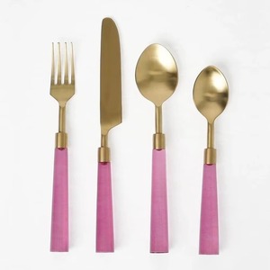 Cubiertos de acero inoxidable pulido con espejo dorado, juego de manijas rosas de 4 tenedores, cuchara, cuchillo, productos de la mejor calidad a precios razonables - Product Image 1