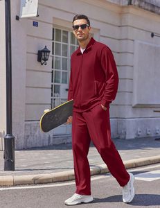 ชุดวอร์มลำลองผู้ชายสีแดง 2 ชิ้น ชุดกีฬาแบบมีซิปเต็มตัว ชุดวิ่งน้ำหนักเบา ผ้าแจ็คการ์ดสีพื้น ชุดออกกำลังกาย เสื้อแจ็คเก็ตและกางเกงแฟชั่น - Product Image 3