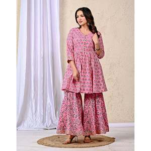 Conjunto de Vestido Sharara de Algodón Popelín Amarillo con Estampado Floral para Mujer, Top y Pantalón - Product Image 6