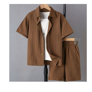 Ensemble décontracté deux pièces pour homme : chemise à revers à manches courtes et pantalon long en polaire respirant – Collection été - Product Image 5