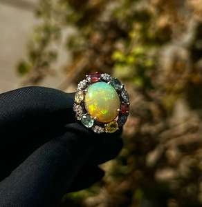 Anillo de Cóctel Minimalista de Plata de Ley 925 con Ópalo Etíope Natural, Zafiro Multicolor y Diamante, Chapado en Rodio, para Aniversario o Fiesta - Product Image 2