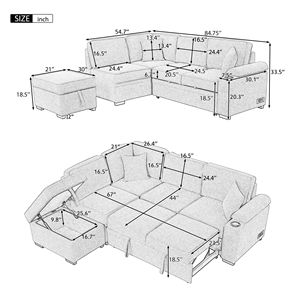 84.75 2-in-1 Pull Out <b>Sleeper</b> <b>Sofa</b> <b>Bed</b> L-Shape Couch with Storage Ottoman for Living & Bedroom Small Apartment Furniture - Product Image 2
