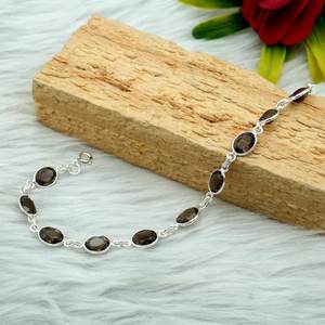 Pulsera de cuarzo ahumado de Plata de Ley 925, cadena de joyería de boda delicada minimalista y pulsera de eslabones, regalo para su aniversario - Product Image 1