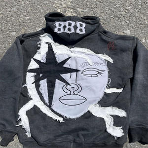 Unisex Men 500 GSM Cotton Hoodie Oversized Regular Fit Tackle Twill Logo Embroidery Custom Zipper <b>Puller</b> Acid Wash Hoodie - Product Image 2