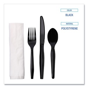 Kit de couverts en plastique jetables 4 pièces Boardwalk, poids moyen, fourchette/couteau/serviette/cuillère, noir, pour fêtes et pique-niques (250/carton) - Product Image 6
