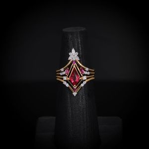 Bague de mariage unique en forme de cerf-volant avec 3 bandes de diamants en or 14 carats-Ensemble de bagues de mariée et d'anniversaire en rubis de style antique - Product Image 3